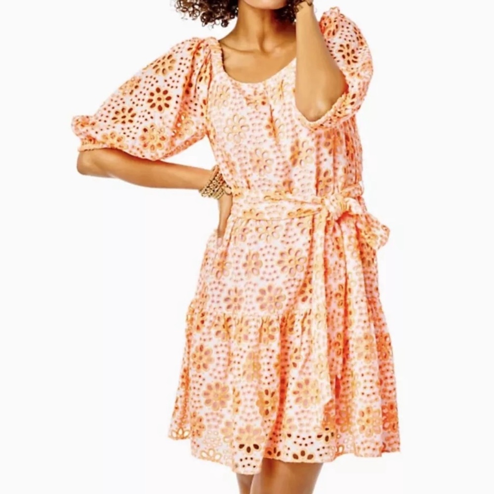 Lily Pulitzer Kerrigan Elbow Sleeve Cantaloupe Funflower Eyelet Dress  XS NWOT